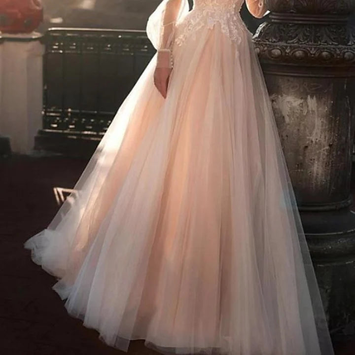 Wholesale A-Line/Princess Illusion Neck Beach Wedding Dress With Embroidery Appliques