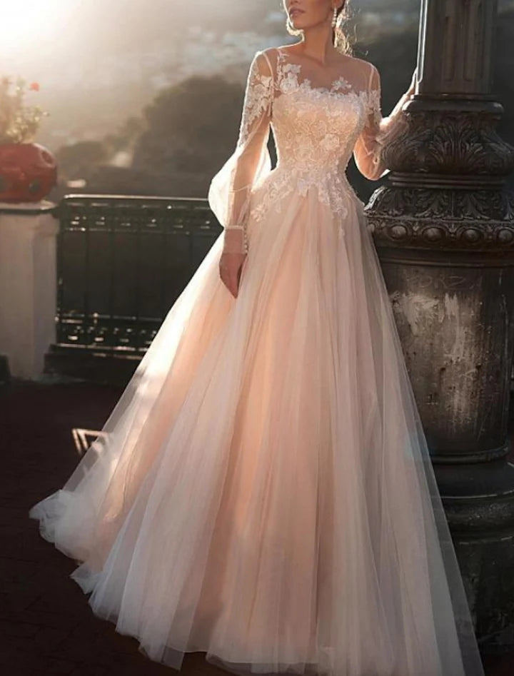 Wholesale A-Line/Princess Illusion Neck Beach Wedding Dress With Embroidery Appliques