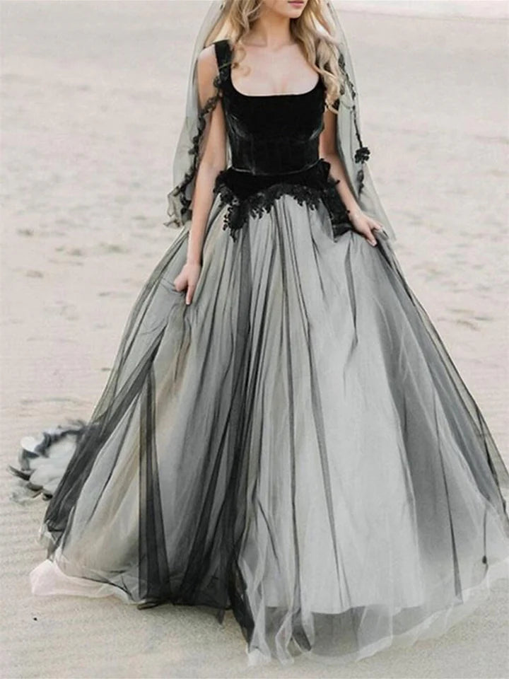 Wholesale A-Line/Princess Beach Wedding Dress Square Neck Spaghetti Strap Sleeveless With Appliques