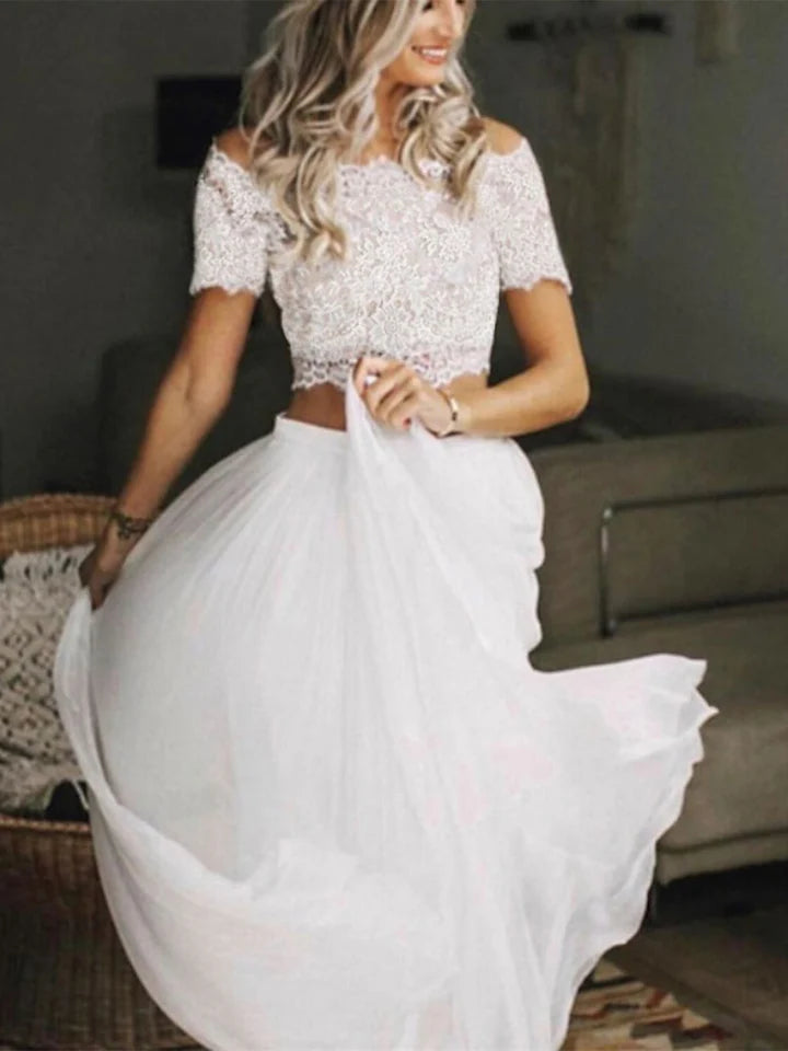 Wholesale A-Line/Princess Beach Wedding Dress Off-The-Shoulder Short Sleeves With Pleats