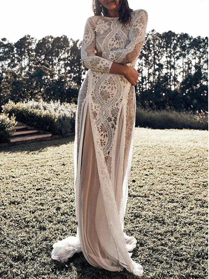 Wholesale Sheath / Column Beach Wedding Dress 3/4 Length Sleeves With Appliques