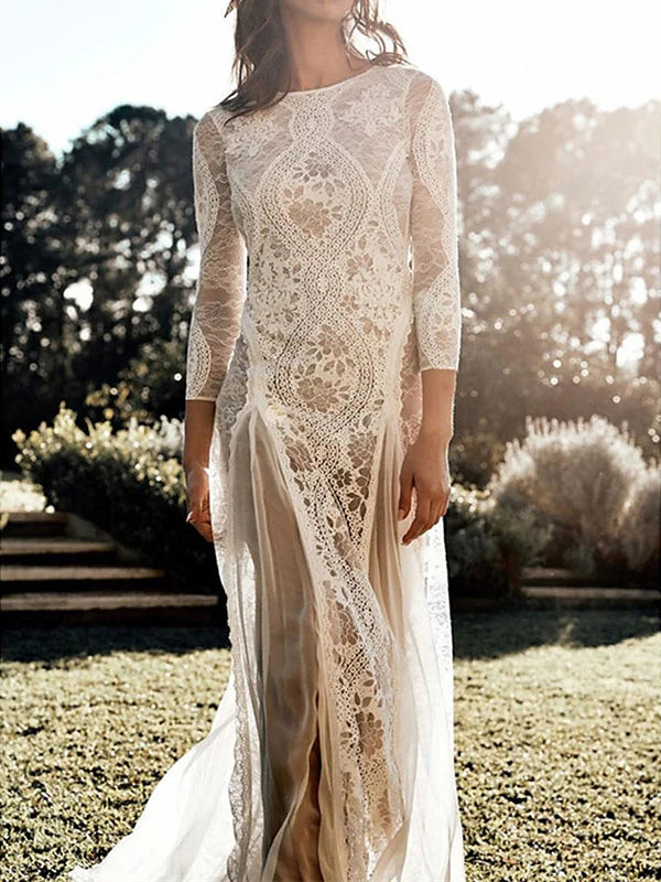 Wholesale Sheath / Column Beach Wedding Dress 3/4 Length Sleeves With Appliques