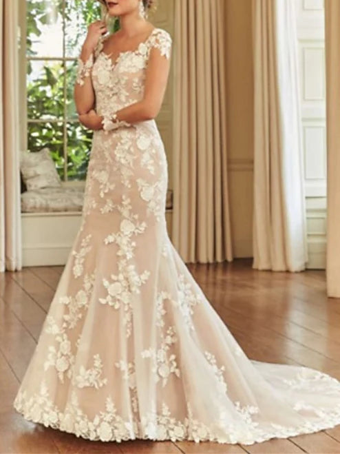 Wholesale Mermaid/Trumpet Illusion Neck Long Sleeve Wedding Dresses Court Train With Embroidery