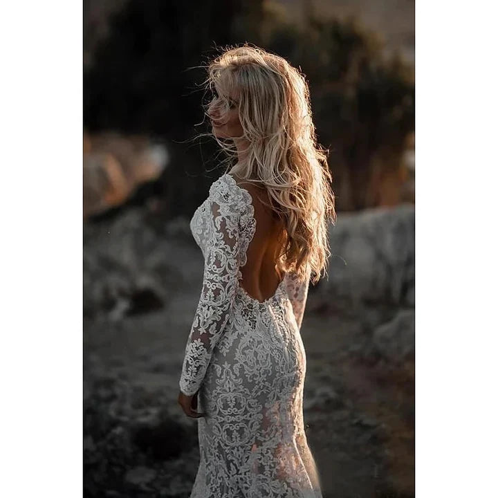 Wholesale Mermaid / Trumpet V-Neck Long Sleeves Wedding Dresses Court Train With Appliques