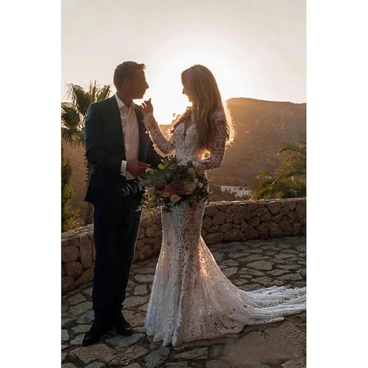 Wholesale Mermaid / Trumpet V-Neck Long Sleeves Wedding Dresses Court Train With Appliques