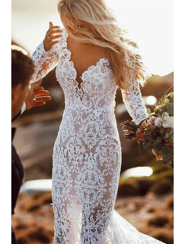 Wholesale Mermaid / Trumpet V-Neck Long Sleeves Wedding Dresses Court Train With Appliques