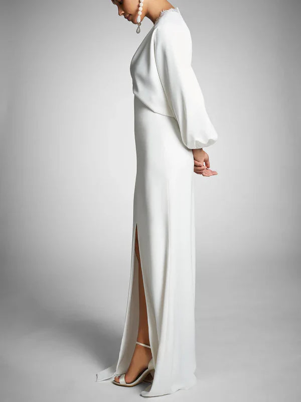Wholesale Sheath/Column Long Sleeves Plunging V Neck Floor-Length Wedding Dresses