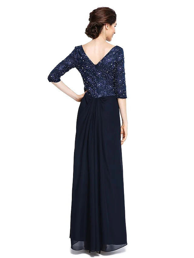 Wholesale Mother of the Bride Dress Elegant V Neck Ankle Length Chiffon Lace Half Sleeve with Lace