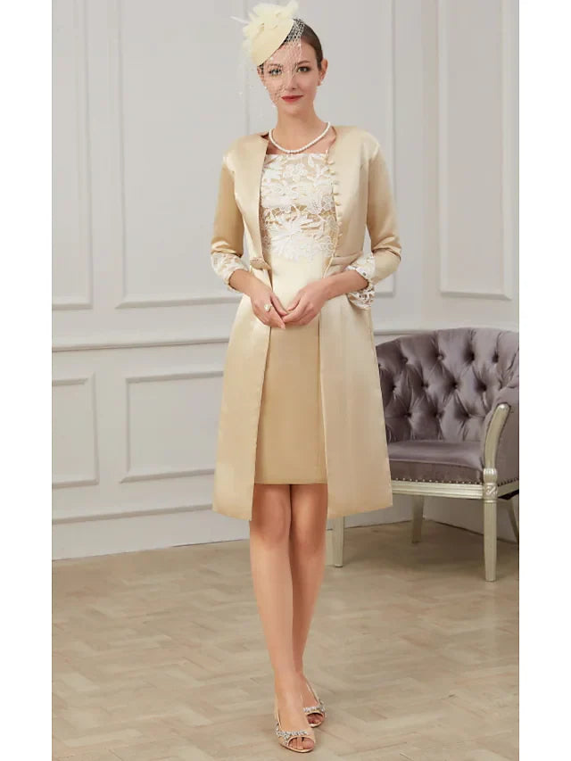 Wholesale Mother of the Bride Dress Plus Size Jewel Neck Knee Length Lace Polyester 3/4 Length Sleeve with Lace Appliques Ruching