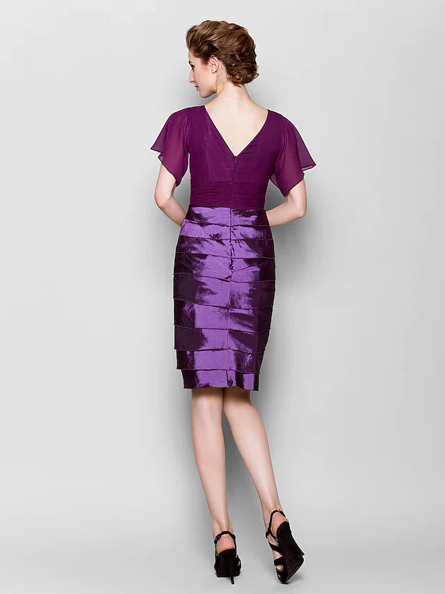 Wholesale Mother of the Bride Dress V Neck Knee Length Chiffon Taffeta Short Sleeve with Criss Cross