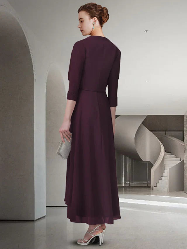 Wholesale A-Line Mother of the Bride Dress Elegant Jewel Neck Tea Length Chiffon Satin Half Sleeve with Pleats Sequin