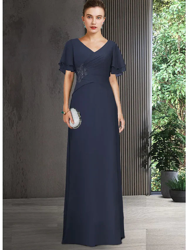 Wholesale Mother of the Bride Dress Elegant V Neck Floor Length Chiffon Short Sleeve with Appliques Ruching