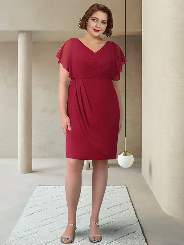 Wholesale Mother of the Bride Dress Elegant V Neck Knee Length Chiffon Short Sleeve with Ruching