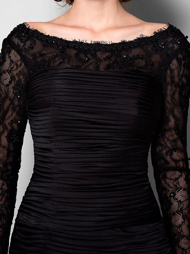 Wholesale Mother of the Bride Dress Beautiful Back Jewel Neck Lace Jersey Long Sleeve with Lace Ruched Beading