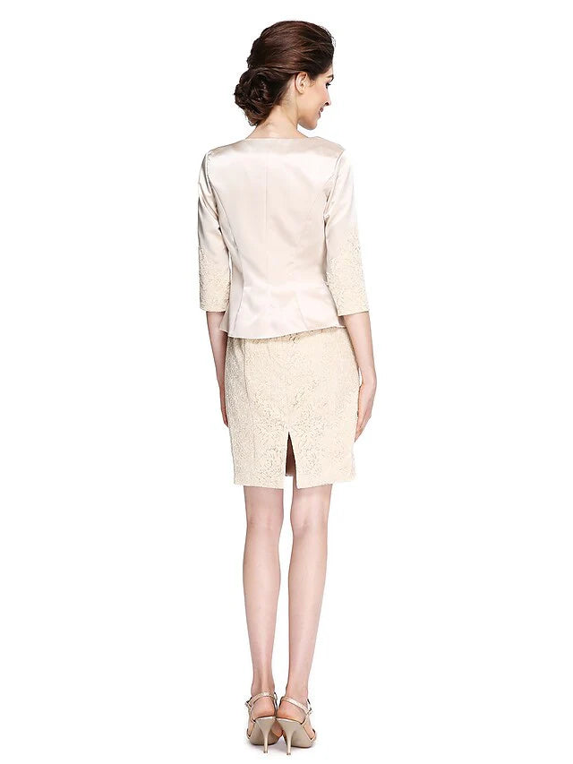 Wholesale Mother of the Bride Dress Elegant Bateau Neck Knee Length Lace Satin Half Sleeve with Lace Appliques