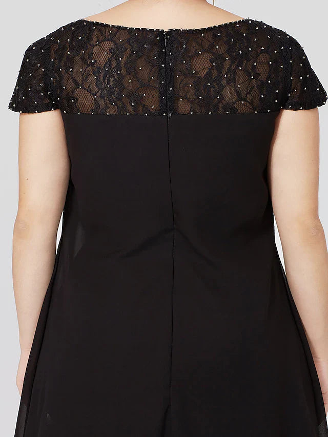 Wholesale Mother of the Bride Dress Little Black Dress Plus Size See Through Jewel Neck Knee Length Chiffon Lace Short Sleeve with Pleats Beading Lace Insert
