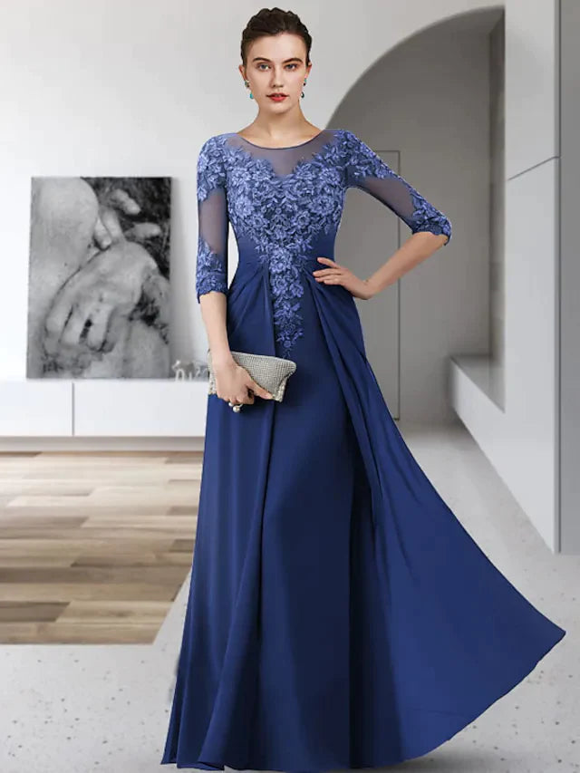 Wholesale Mother of the Bride Dress Elegant Jewel Neck Floor Length Chiffon Lace 3/4 Length Sleeve with Appliques Ruching