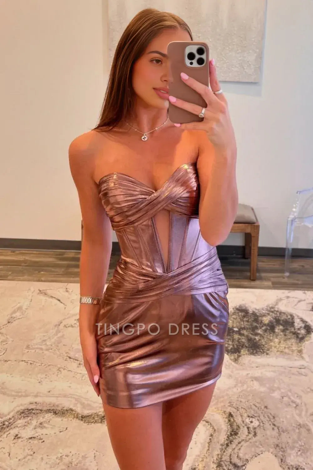 TingPo Wholesale Elegant Magenta Sweetheart Short Tight Metallic Homecoming Dress formal wear dresses