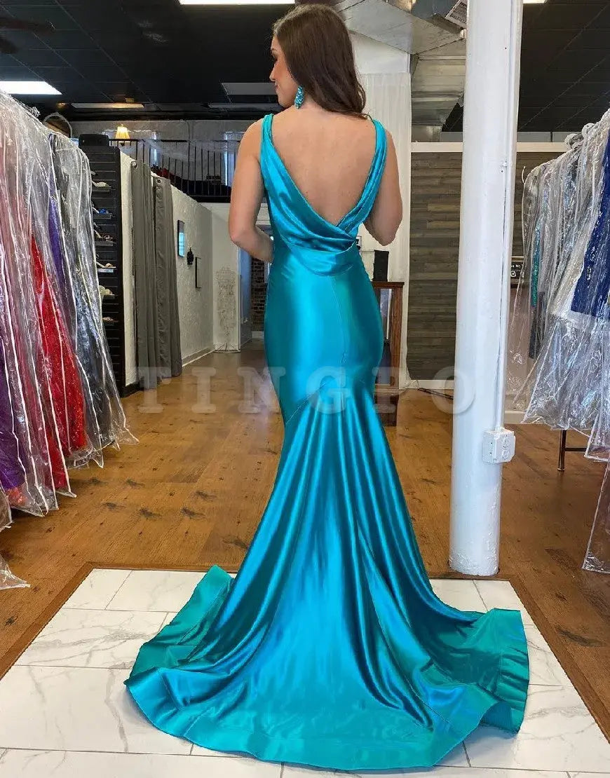 Wholesale Mermaid Glitter Cyan Satin Backless Prom Dress formal wear dresses prom dress stores
