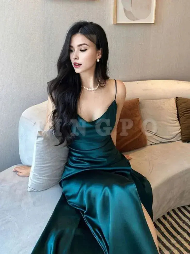 Wholesale Mermaid Green Satin Long Prom Dresses Slit Evening Dress formal wear dresses