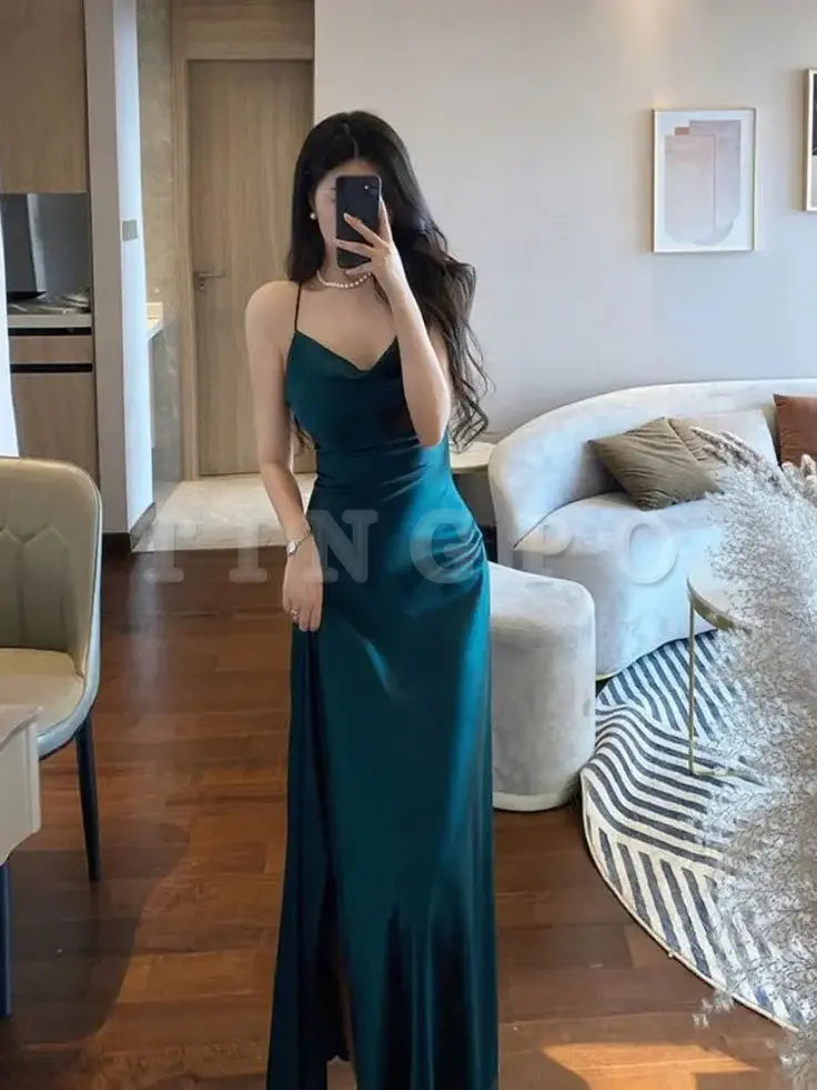 Wholesale Mermaid Green Satin Long Prom Dresses Slit Evening Dress formal wear dresses