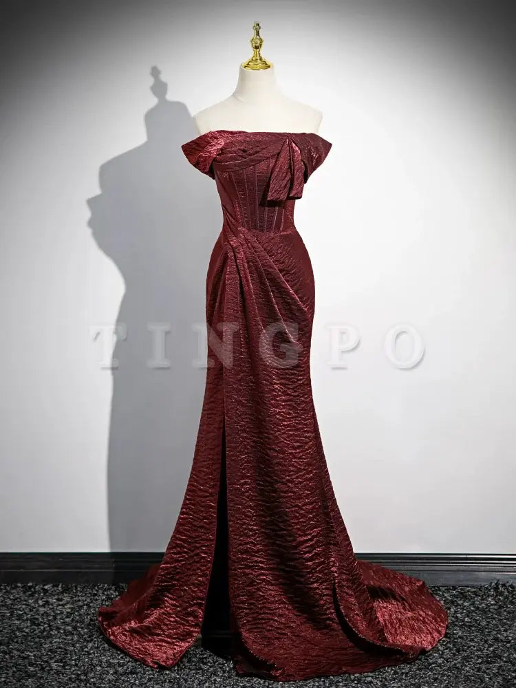 Wholesale Mermaid Off Shoulder Satin Burgundy Long Prom Dress Burgundy Long Formal Dress gowns evening dresses
