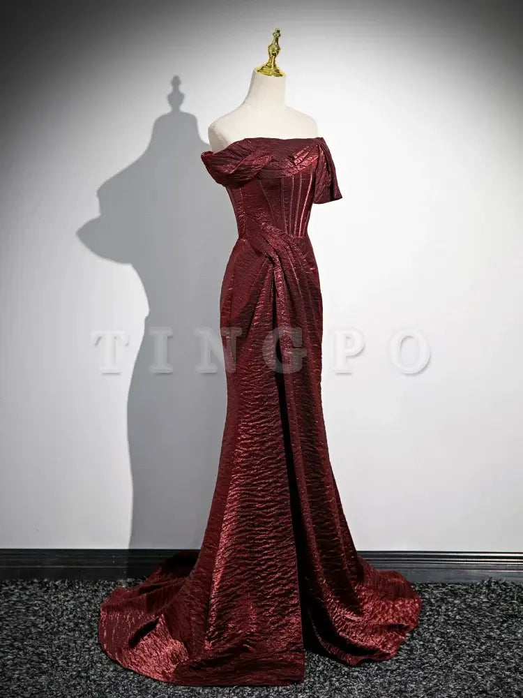 Wholesale Mermaid Off Shoulder Satin Burgundy Long Prom Dress Burgundy Long Formal Dress gowns evening dresses