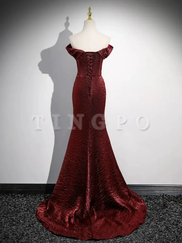 Wholesale Mermaid Off Shoulder Satin Burgundy Long Prom Dress Burgundy Long Formal Dress gowns evening dresses