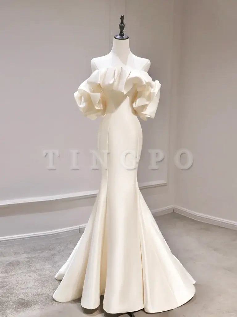 Wholesale Mermaid Off Shoulder Satin Light Champagne Long Prom Dress Light Champagne Evening Dress gowns evening dresses