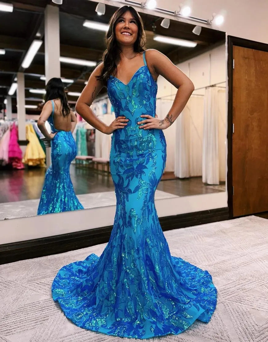 Wholesale Mermaid Spaghetti Straps Open Back Glitter Prom Dress prom dresses with long sleeves