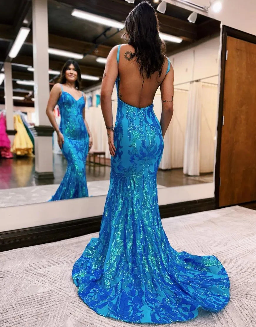 Wholesale Mermaid Spaghetti Straps Open Back Glitter Prom Dress prom dresses with long sleeves