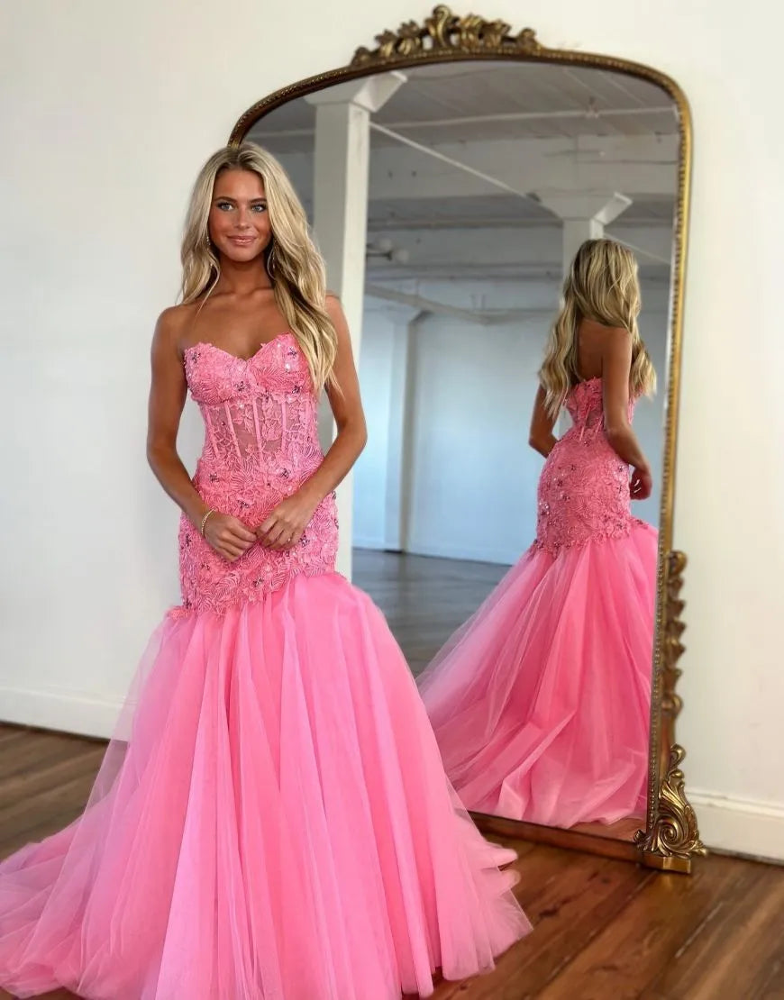 Wholesale Mermaid Strapless Long Lace And Tulle Prom Dress With Beading prom dresses shops