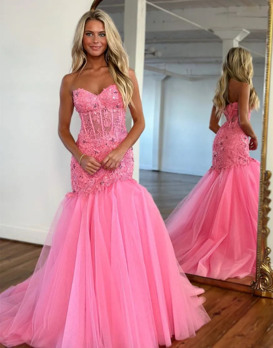 Wholesale Mermaid Strapless Long Lace And Tulle Prom Dress With Beading prom dresses shops