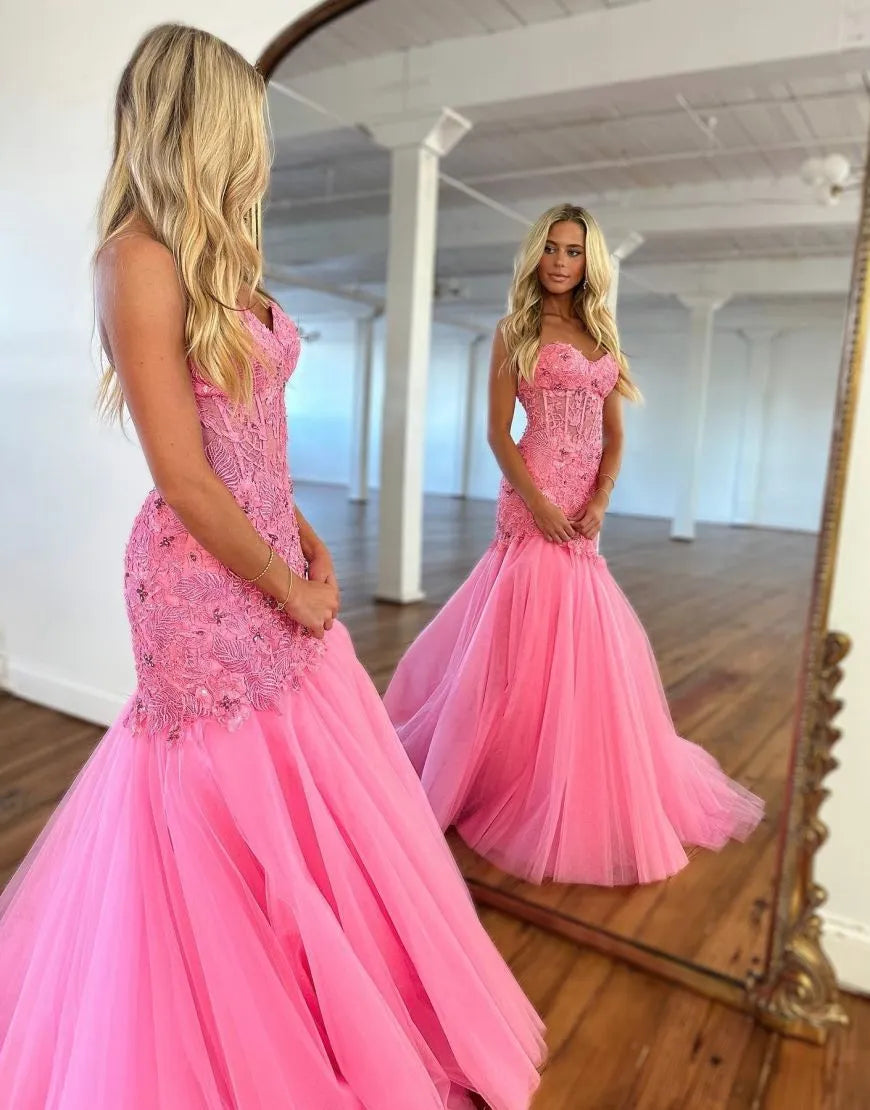 Wholesale Mermaid Strapless Long Lace And Tulle Prom Dress With Beading prom dresses shops