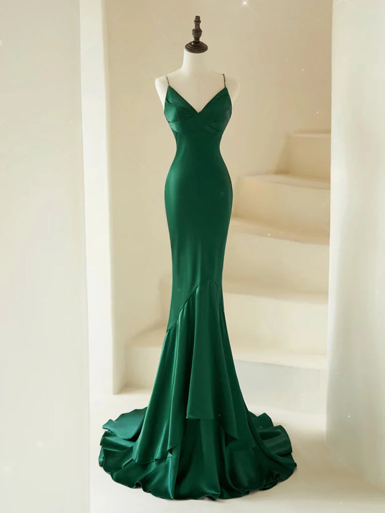 Wholesale Mermaid V Neck Satin Green Long Prom Dress Green Satin Long Formal Dress gowns evening dresses