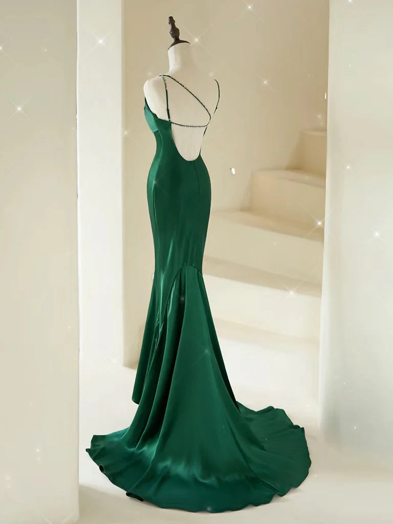 Wholesale Mermaid V Neck Satin Green Long Prom Dress Green Satin Long Formal Dress gowns evening dresses