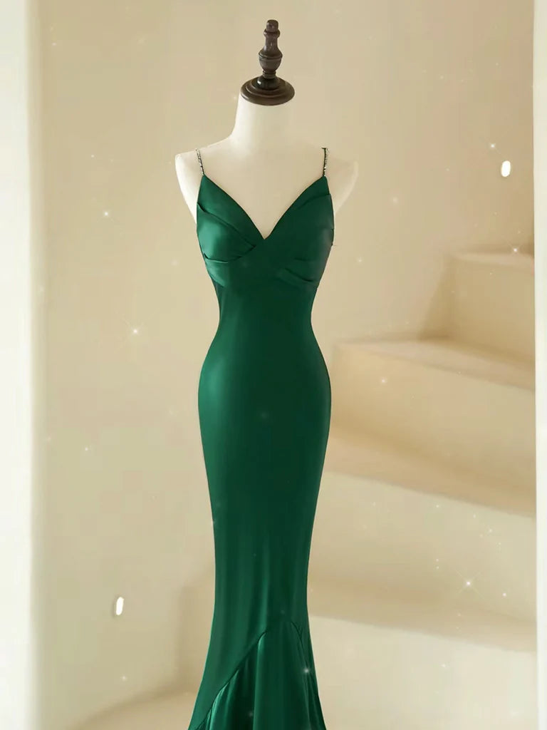 Wholesale Mermaid V Neck Satin Green Long Prom Dress Green Satin Long Formal Dress gowns evening dresses