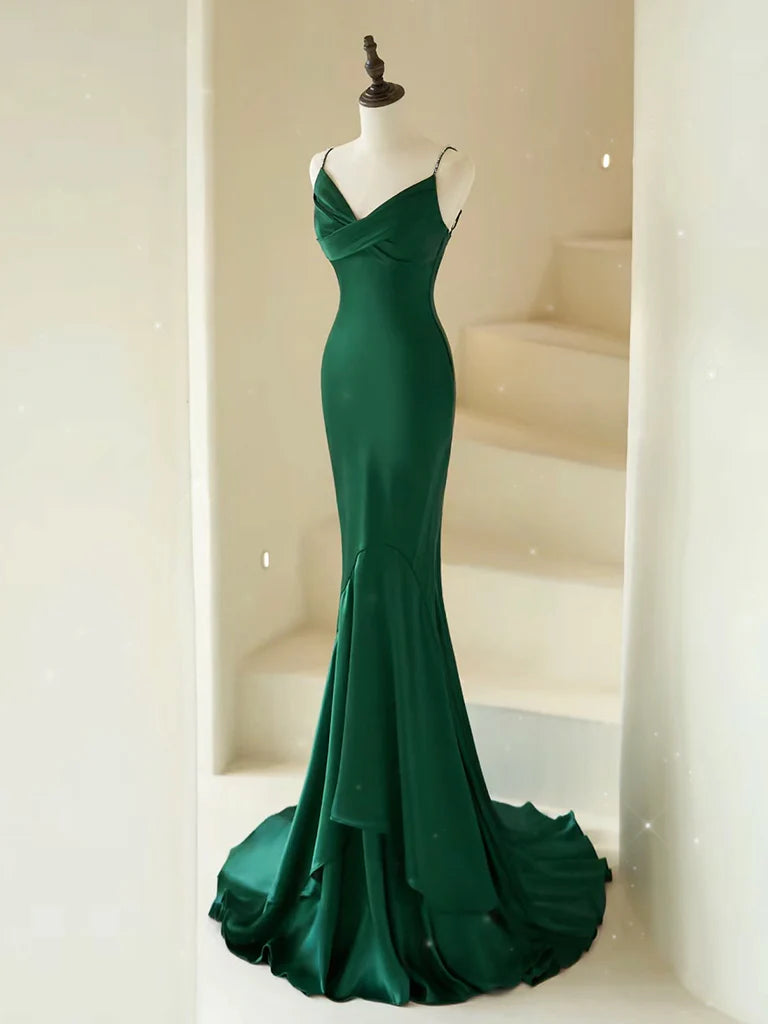 Wholesale Mermaid V Neck Satin Green Long Prom Dress Green Satin Long Formal Dress gowns evening dresses