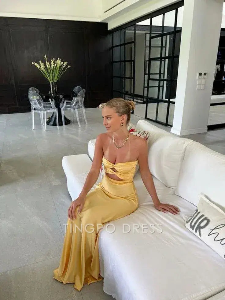 TingPo Wholesale Mermaid Yellow Silk Satin Evening Party Dress Long Prom Dress