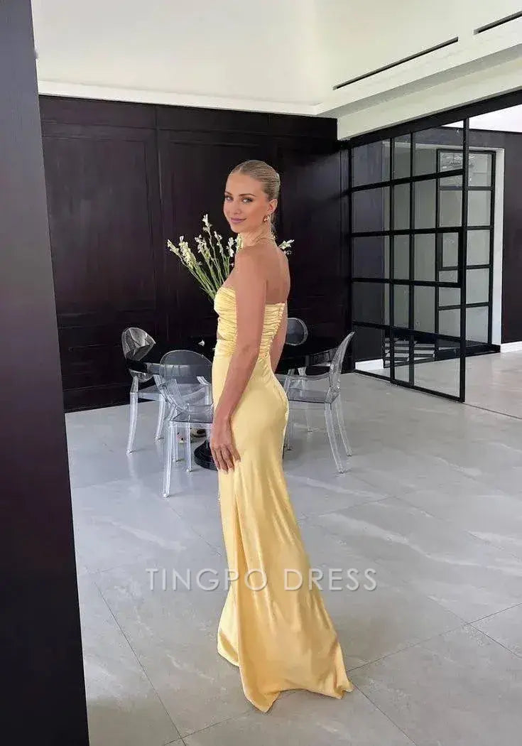 TingPo Wholesale Mermaid Yellow Silk Satin Evening Party Dress Long Prom Dress