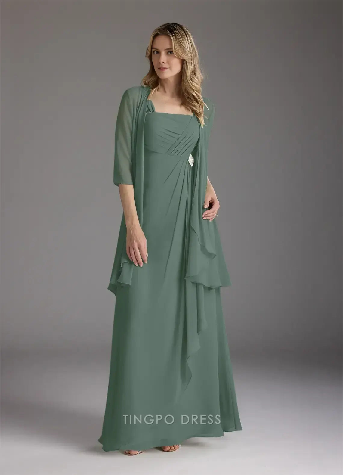 Minimalist Two Piece Square 3/4 Sleeve Back Zip Floor-Length Mother of the Bride Dress