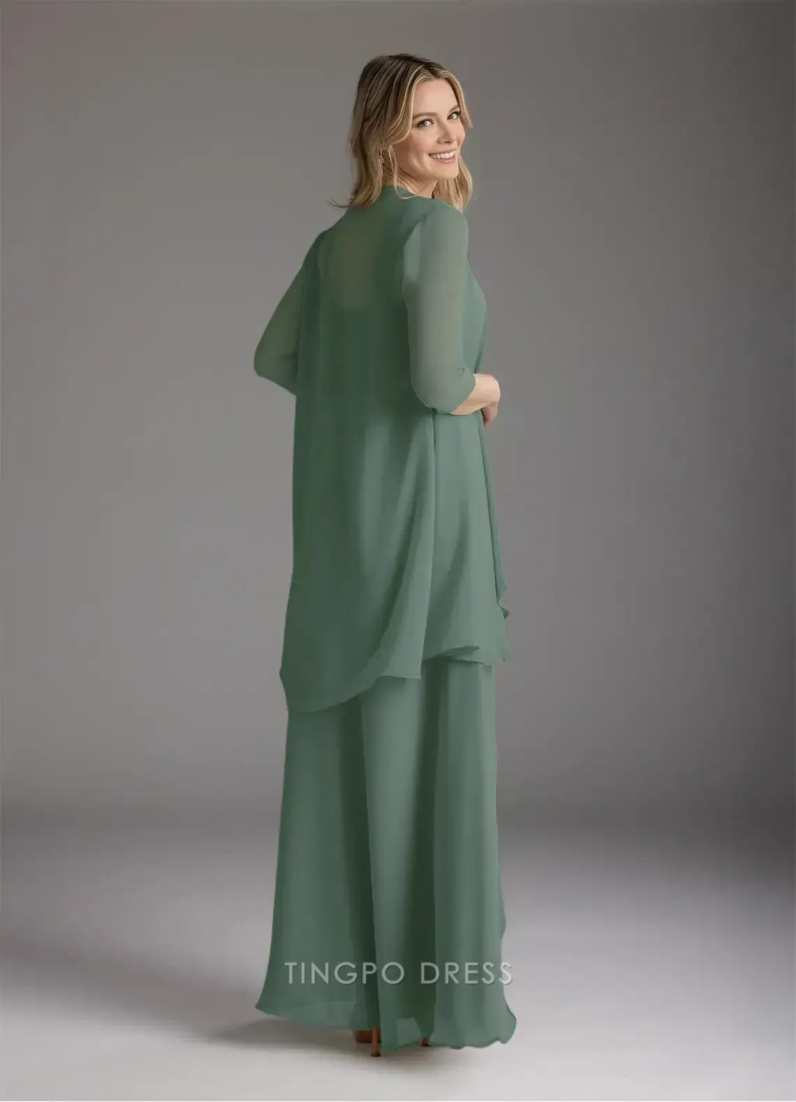 Minimalist Two Piece Square 3/4 Sleeve Back Zip Floor-Length Mother of the Bride Dress