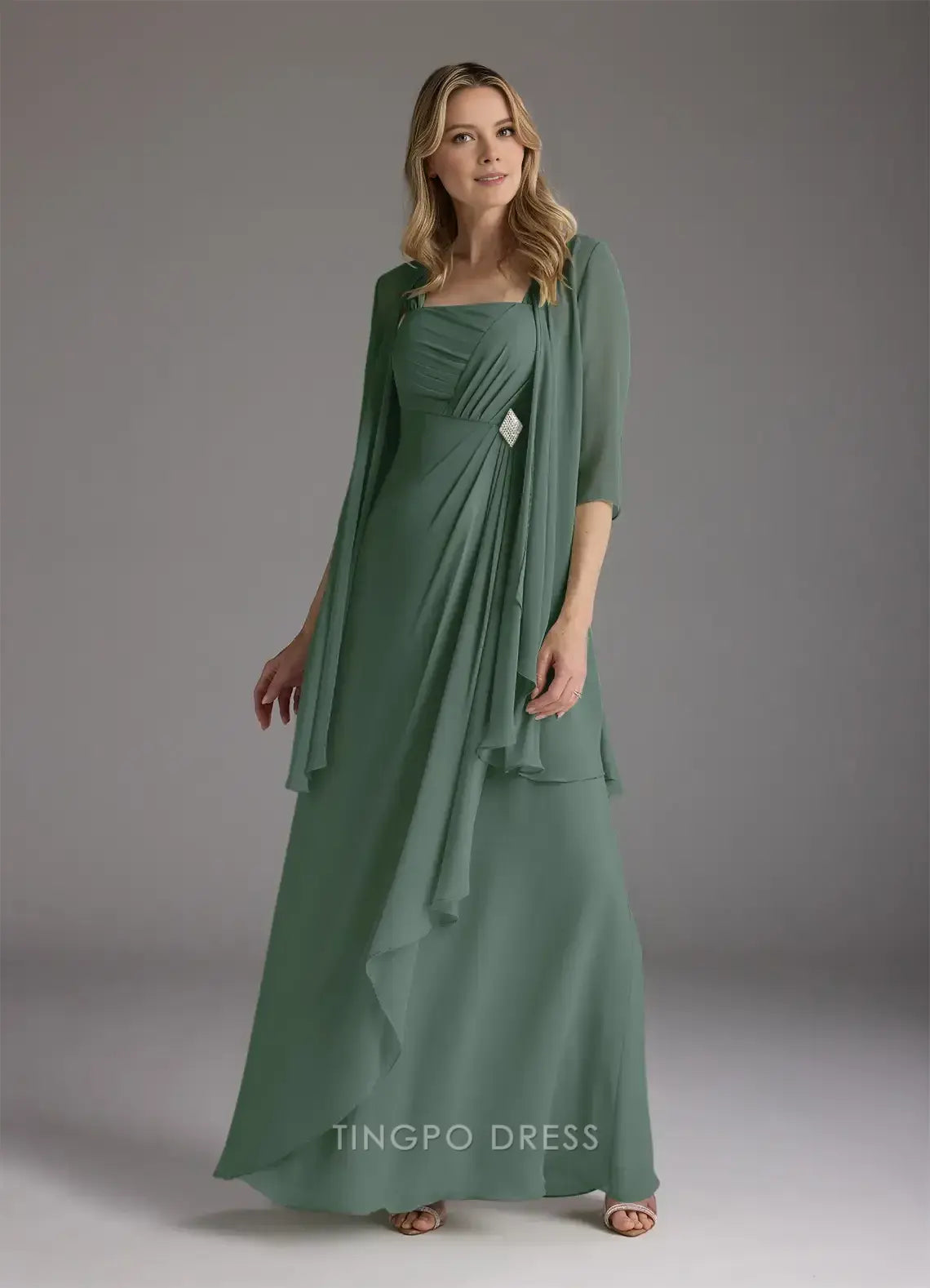 Minimalist Two Piece Square 3/4 Sleeve Back Zip Floor-Length Mother of the Bride Dress