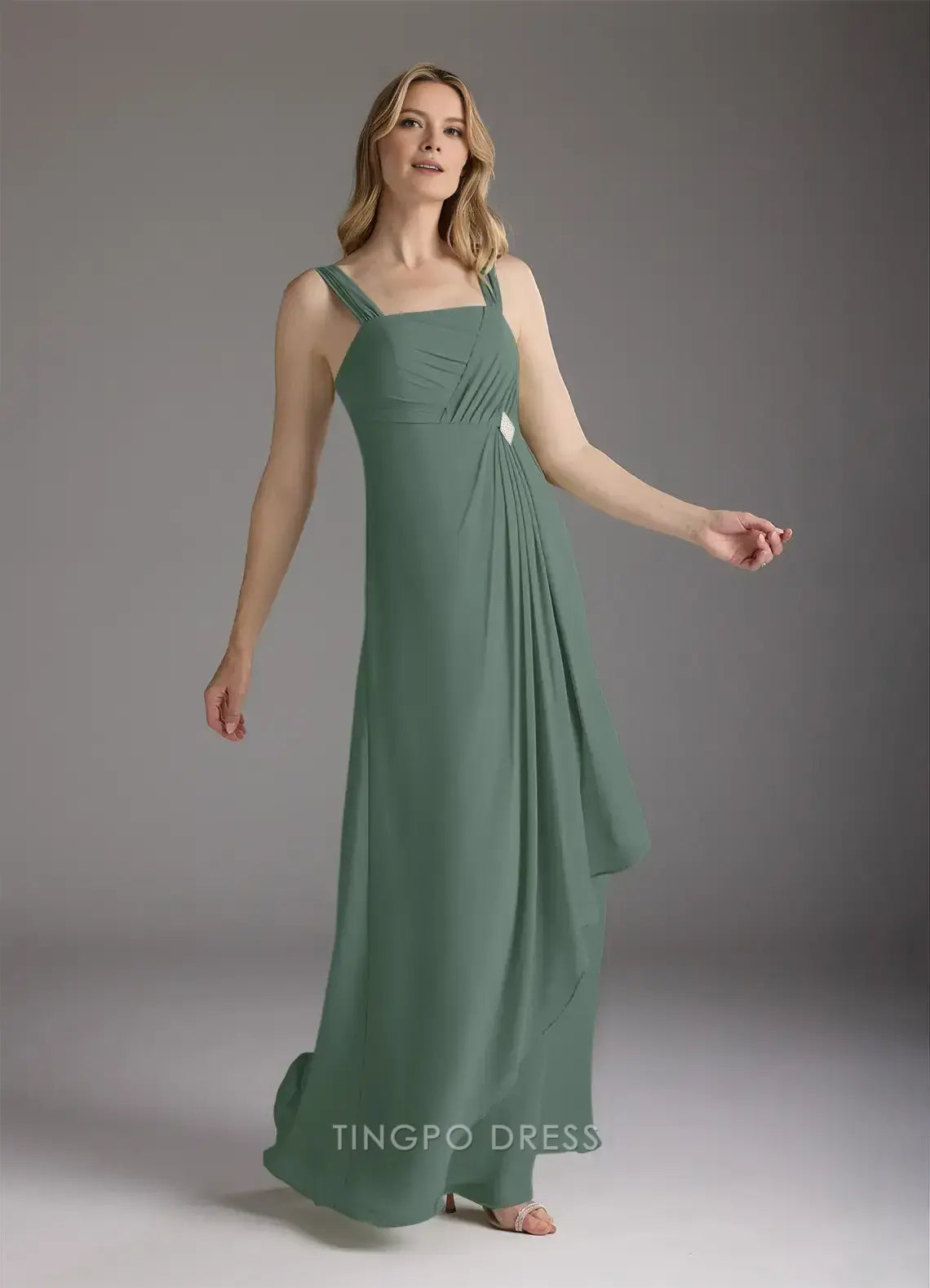 Minimalist Two Piece Square 3/4 Sleeve Back Zip Floor-Length Mother of the Bride Dress