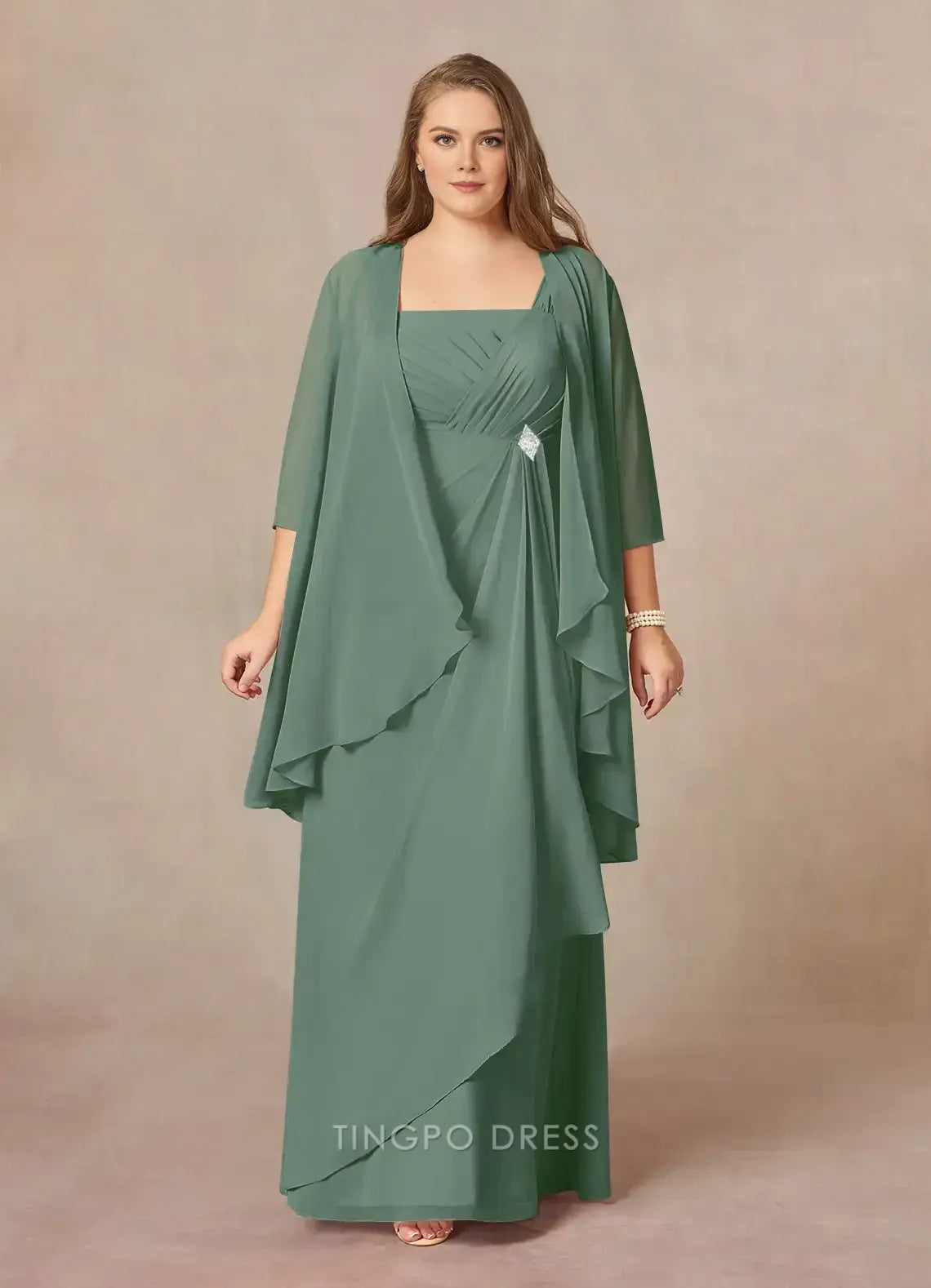 Minimalist plus size Two Piece Square 3/4 Sleeve Back Zip Floor-Length Mother of the Bride Dress