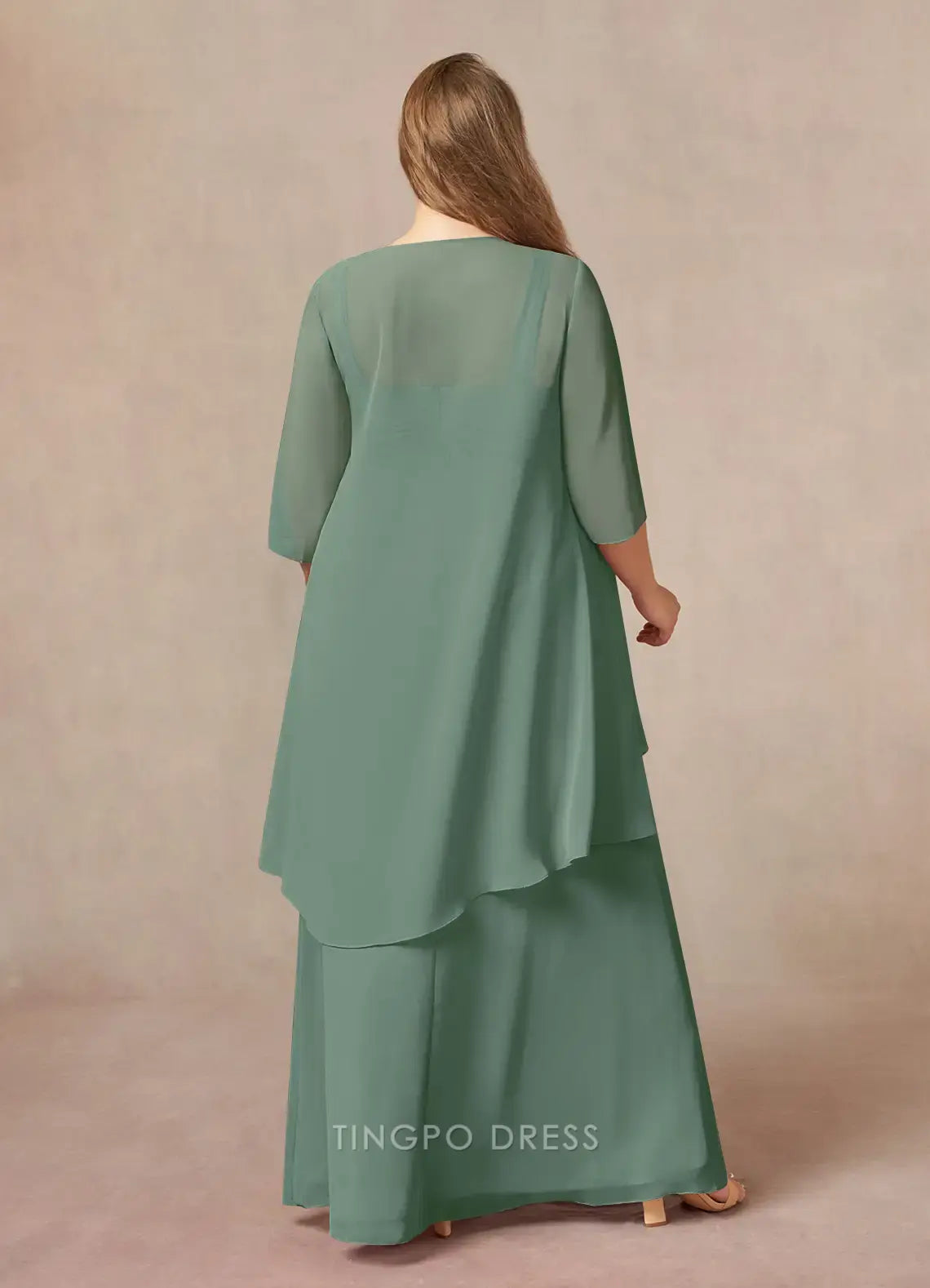 Minimalist plus size Two Piece Square 3/4 Sleeve Back Zip Floor-Length Mother of the Bride Dress