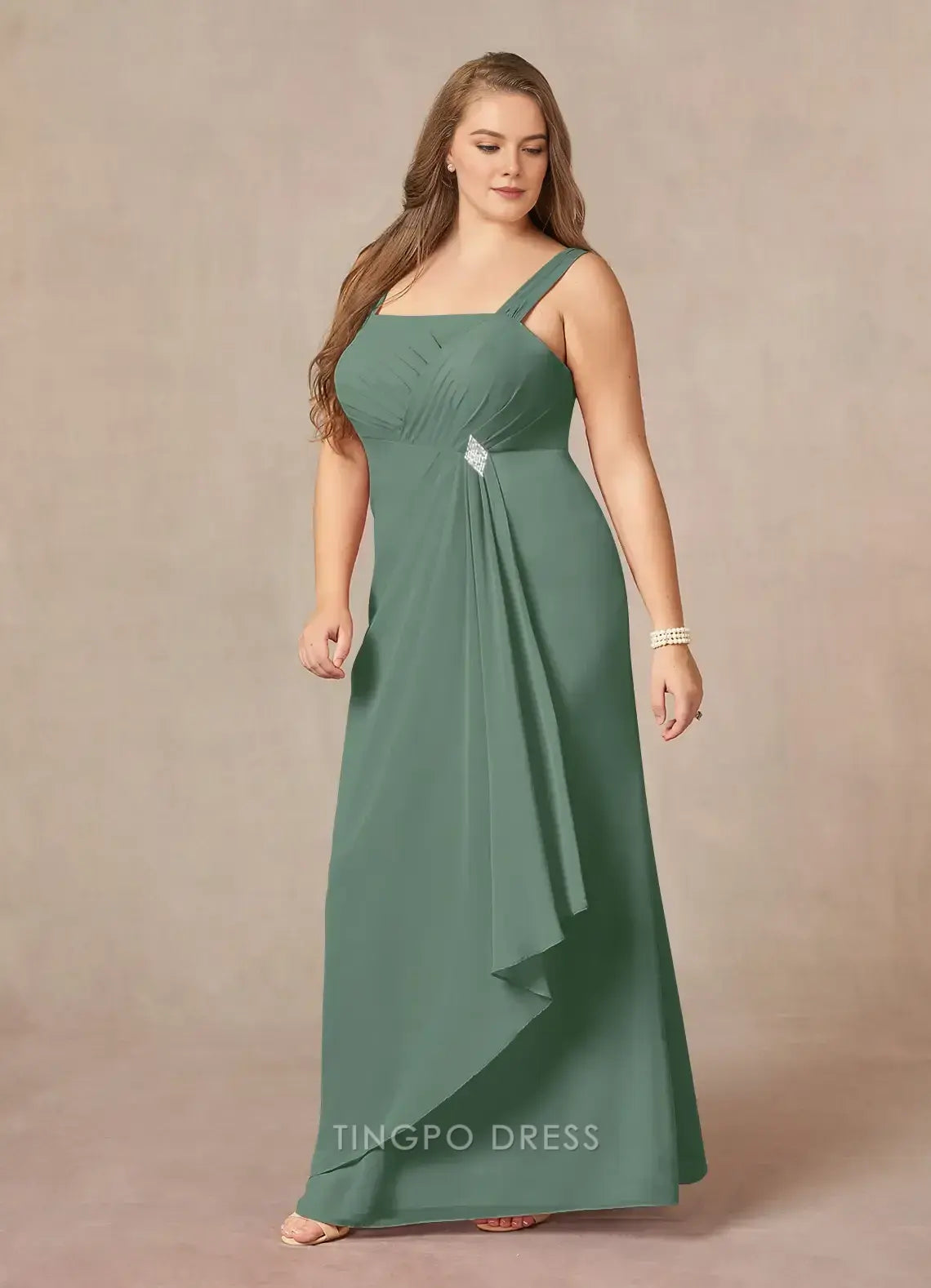 Minimalist plus size Two Piece Square 3/4 Sleeve Back Zip Floor-Length Mother of the Bride Dress