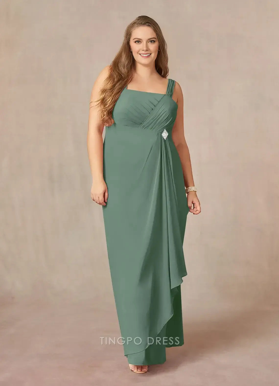 Minimalist plus size Two Piece Square 3/4 Sleeve Back Zip Floor-Length Mother of the Bride Dress