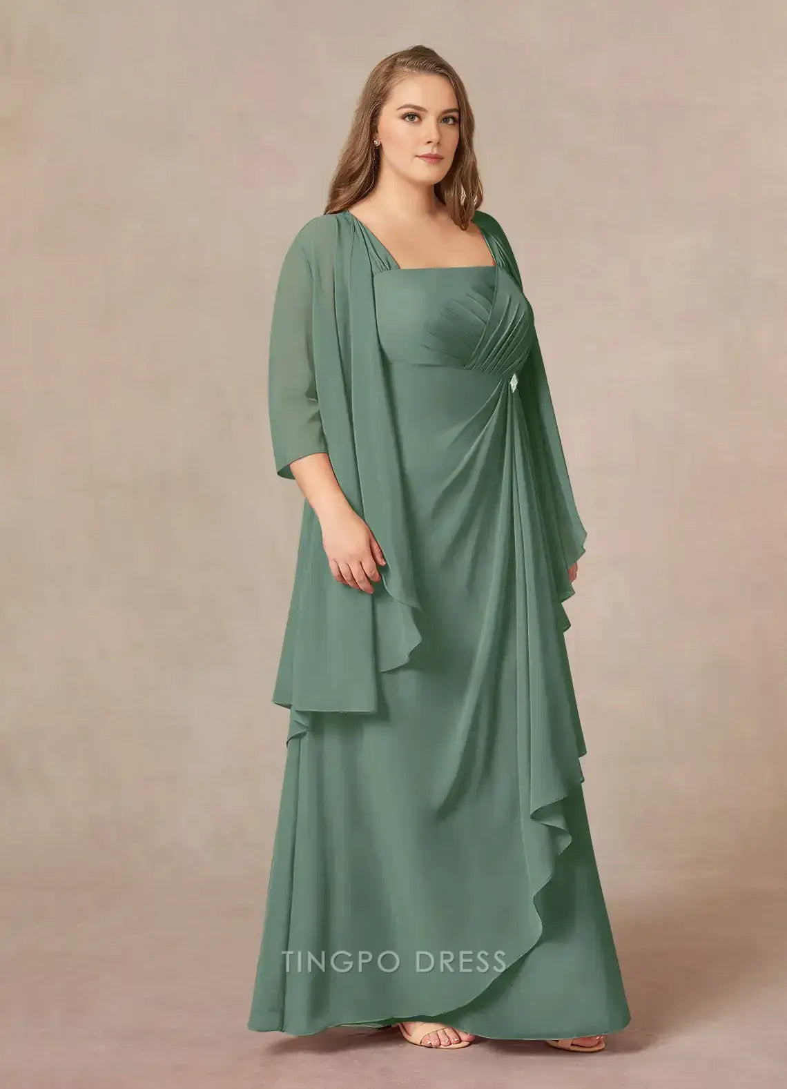 Minimalist plus size Two Piece Square 3/4 Sleeve Back Zip Floor-Length Mother of the Bride Dress