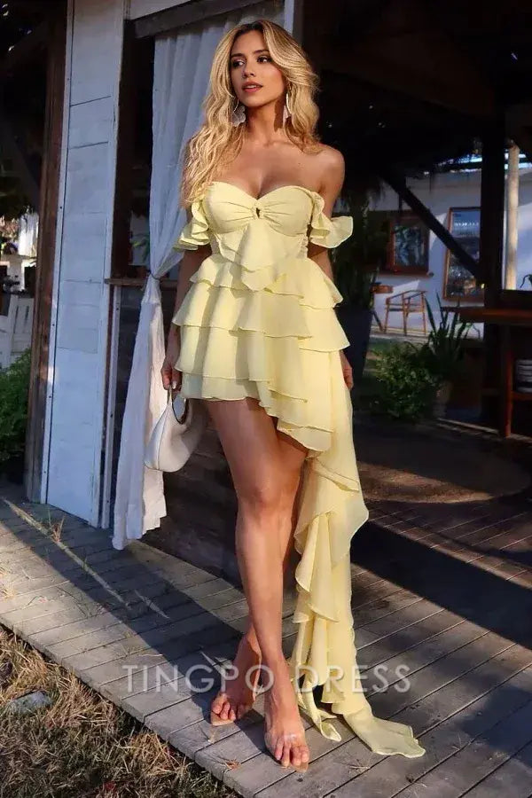 TingPo Wholesale Elegant Modern A-Line Off Shoulder Sleeveless Pleated Chiffon Tiered Homecoming Dress Mini Party Dress Short Evening Gown with Train formal wear dresses